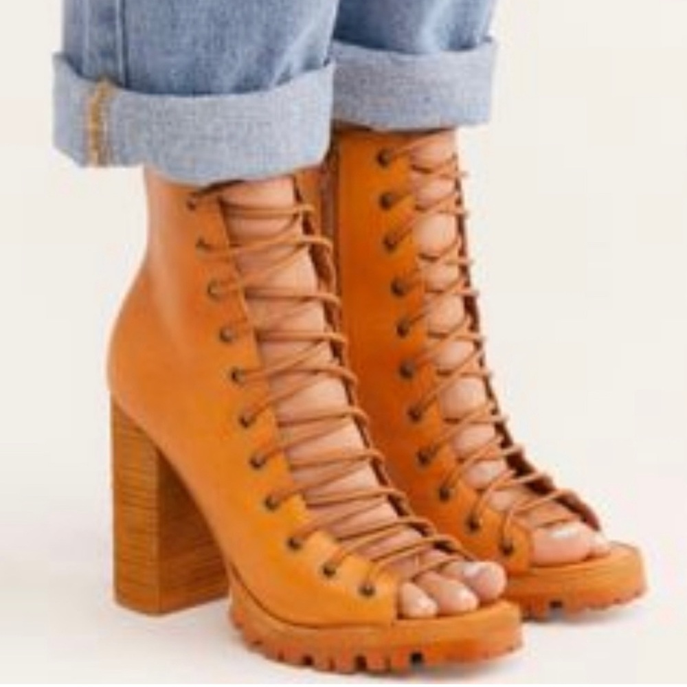 Free People Jeffrey Campbell Camel Leather Lace Up
Open-Toed Block Heel Booties